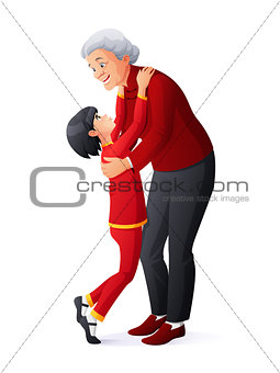 Happy smiling grandmother hugging granddaughter. Cartoon vector illustration.