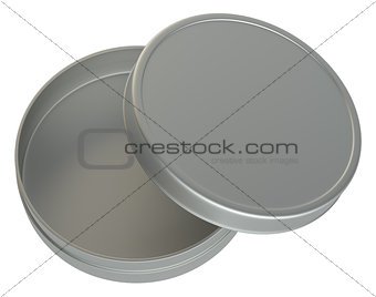 Metal round box on white background