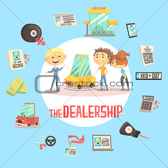 Car Dealership Firm Professional Dealer Selling The Vehicle To The Young Couple Illustration With Different Car Dealing Icons Around