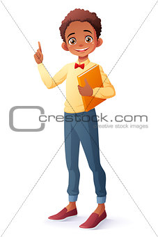 Vector smart African boy index finger pointing up with idea.