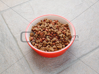 Red bowl of dry cat food on grey tile
