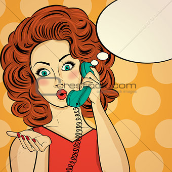 Surprised pop art woman chatting on retro phone . Comic woman wi