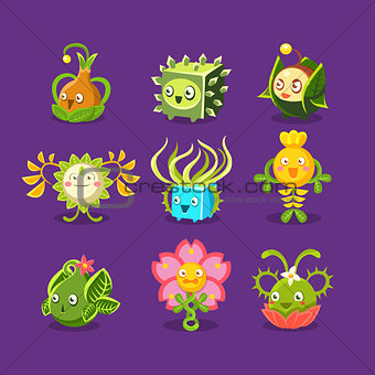 Childish Alien Fantastic Alive Plants Emoji Characters Set Of Vector Fantasy Vegetation