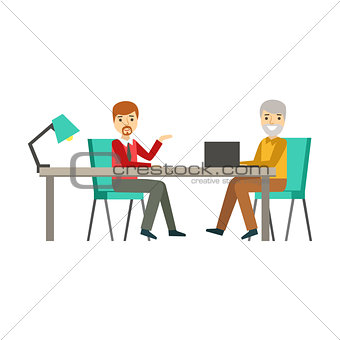 Colleagues Discussing Work At Table, Coworking In Informal Atmosphere In Modern Design Office Infographic Illustration