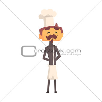 Professional Cook With Moustache In Classic Double Breasted Grey Jacket And Toque Standing Smiling