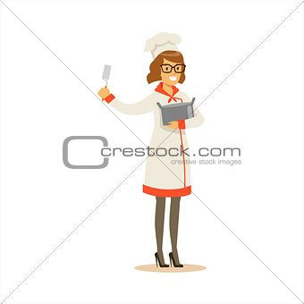Woman Professional Cooking Chef Working In Restaurant Wearing Classic Traditional Uniform With Pot And Spatula Cartoon Character