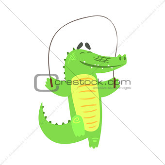 Crocodile Jumping Skipping Rope, Humanized Green Reptile Animal Character Every Day Activity