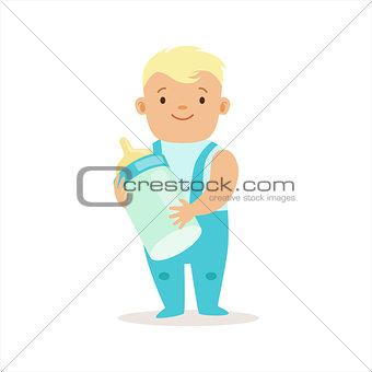Boy In Blue Pants Standing With Milk Bottle, Adorable Smiling Baby Cartoon Character Every Day Situation