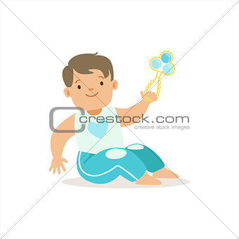Boy In Blue Pants Playing With Shaker, Adorable Smiling Baby Cartoon Character Every Day Situation