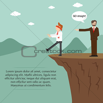 Businessman blindfolded and boss standing on the cliff