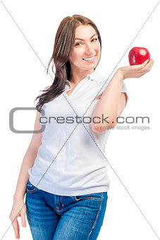 portrait of a girl with red ripe apples on a white background
