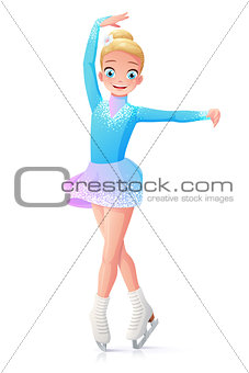 Vector cute smiling young girl figure skating on ice.
