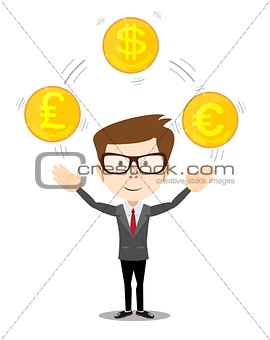 Cartoon businessman juggling with gold coins