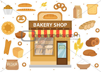 Bakery set icons with bread shop building, roll, loaf, cakes, bagels, . Isolated on white background. Vector illustration