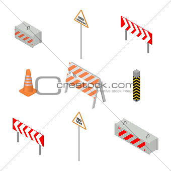 Set of road signs repairs in isometric, vector illustration.