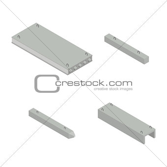 Set the iron concrete products isometric, vector illustration.