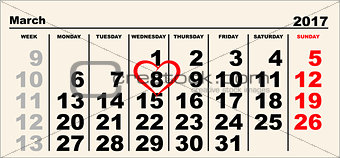Calendar March 8. Heart shape reminder International Womens Day