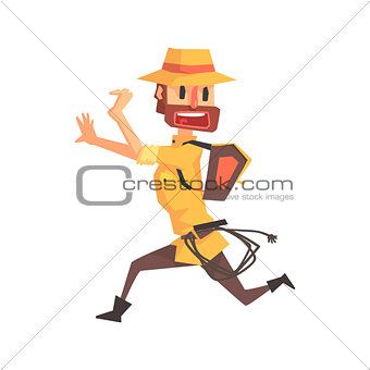 Adventurer Archeologist In Safari Outfit And Hat Running Away Illustration From Funny Archeology Scientist Series
