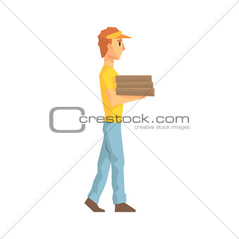 Guy Carrying Pile Of Pizza Boxes, Delivery Company Employee Delivering Shipments Illustration