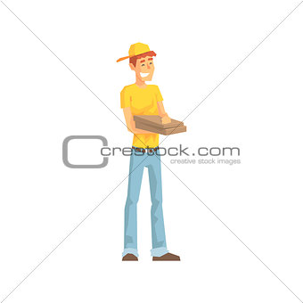 Smiling Guy With Pizza Box, Delivery Company Employee Delivering Shipments Illustration