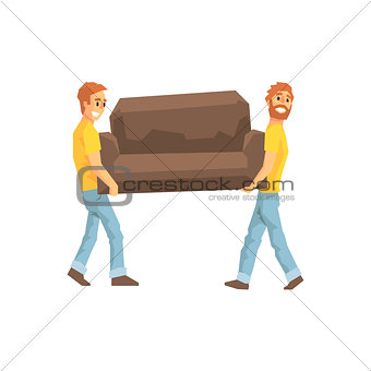 Two Movers Carrying Sofa For Ressetlement,Delivery Company Employees Delivering Shipments Illustration