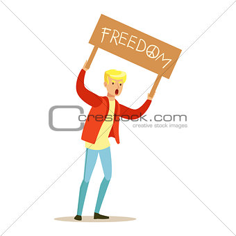 Blond Teenage Guy Marching In Protest With Banner, Screaming Angry, Protesting And Demanding Political Freedoms