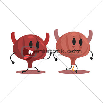Bladder Human Internal Organ Healthy Vs Unhealthy, Medical Anatomic Funny Cartoon Character Pair In Comparison Happy Against Sick And Damaged