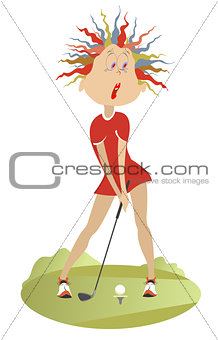 Funny woman playing golf