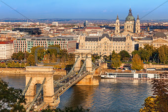 Budapest. View of the Szechenyi chain bridge over the Danube