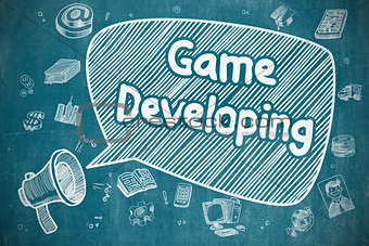 Game Developing - Doodle Illustration on Blue Chalkboard.