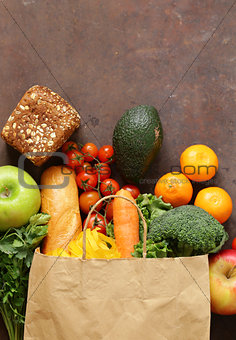 Grocery food shopping bag - vegetables, fruits, bread and pasta