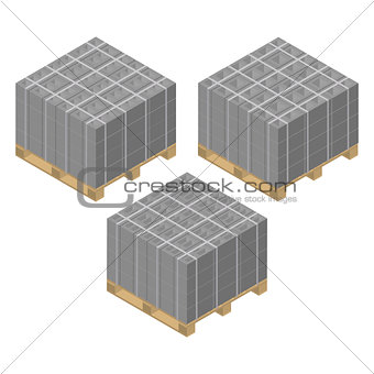 Isometric wooden pallet with cinder blocks, vector illustration.