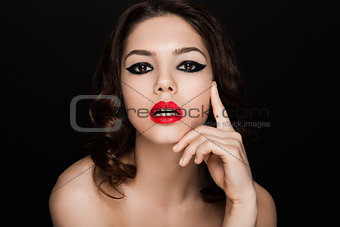 Beauty black stripes  eyes and red lips makeup 