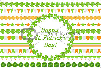 St. Patrick's Day border garland with clover, shamrock, flags, bunting. Isolated on white background. Vector illustration, clip art.