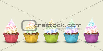 Set of five rainbow cupcakes