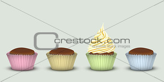 Four cupcakes in multi-colored pieces of paper