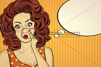 Surprised pop art woman who tells her secrets. Pin-up girl.