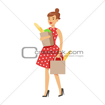 Woman Housewife Grocery Shopping Carrying Two Paper Bags, Classic Household Duty Of Staying-at-home Wife Illustration