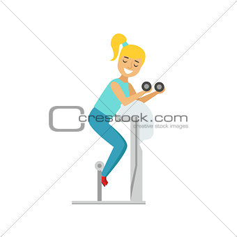 Woman Exercising With Dumbbells On Equipment Piece , Member Of The Fitness Club Working Out And Exercising In Trendy Sportswear