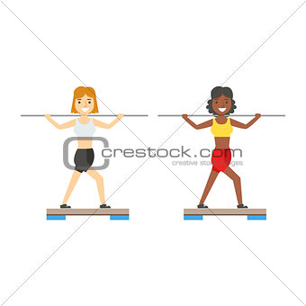 Women In Aerobics Class With Step Equipment And Poles, Member Of The Fitness Club Working Out And Exercising In Trendy Sportswear