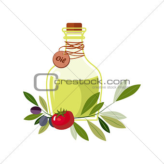 Olive Oil In Glass Bottle With Olives And Tomato Laying Around, Farm And Farming Related Illustration In Bright Cartoon Style