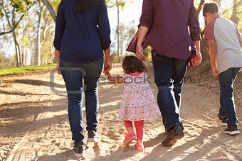 Mixed race family walking on a rural path, back view, crop