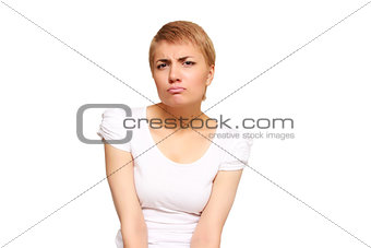 young woman is disappointed by the extent of her waist