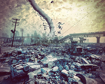 ruins of a city and tornado