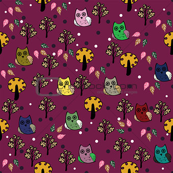 Owls forest vector seamless pattern