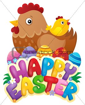 Happy Easter sign with hen and chicken