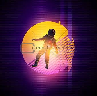 Retro 1980's gitch distortion background with a spaceman