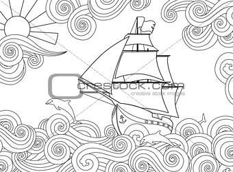 Contour image of ship on the wave in zentangle ispired doodle style. Horizontal composition.