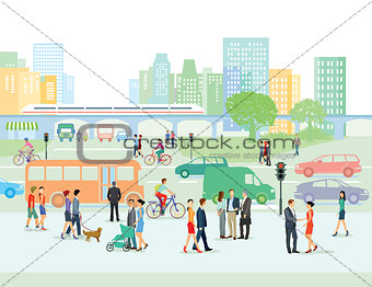 Urban street with pedestrians and cars