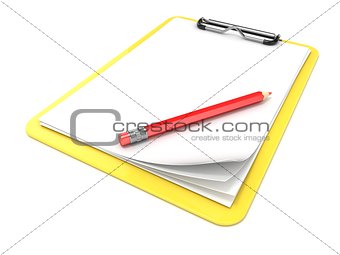Yellow clipboard and blank paper. 3D